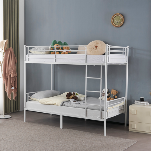 Twin Over Twin Bunk Bed for Kids Teens Adults, Heavy Duty Metal Bunk Bed with Ladder & Full-Length Guard Rail & Storage Space, White