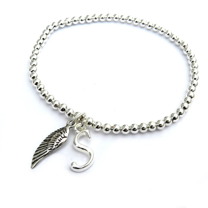 Personalised Initial & Mini Feather Charm Beaded Bracelet