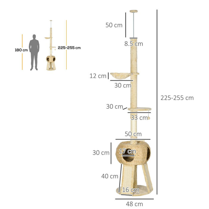 PawHut 255cm Cat Tree Tower with Scratching Post Cat House Ball Platform Beige