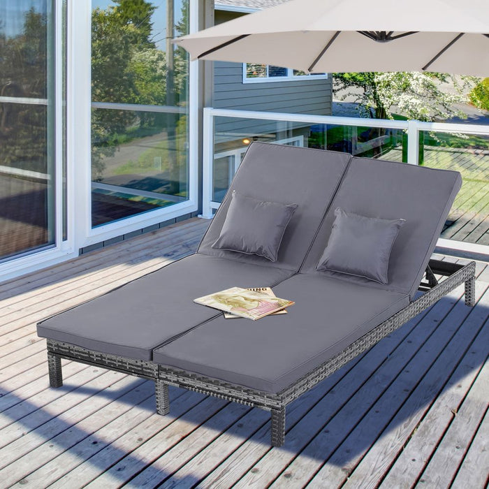 2 Seater Rattan Lounger Wicker Adjustable Double  w/ Cushions Grey