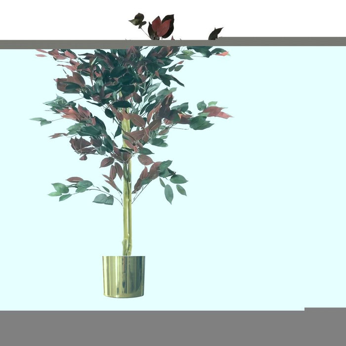 Premium Red Ficus Tree - 120cm (4ft) - Realistic & Durable - Gold Metal Planter