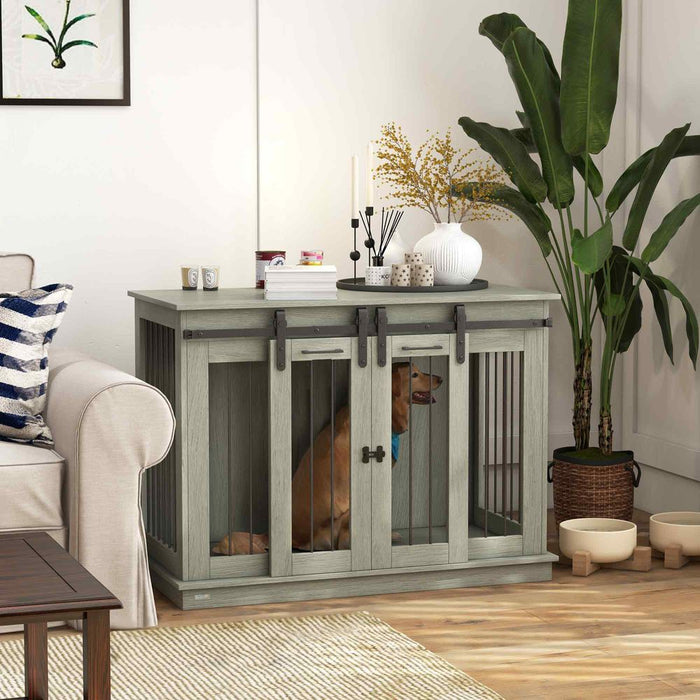 PawHut Double Door Dog Crate Furniture, Secure & Stylish for Large & Small Dogs, Grey