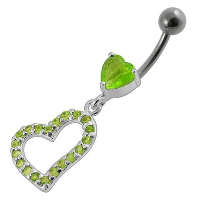 Jeweled Fancy Heart Loop Silver Dangling SS Banana Navel Ring