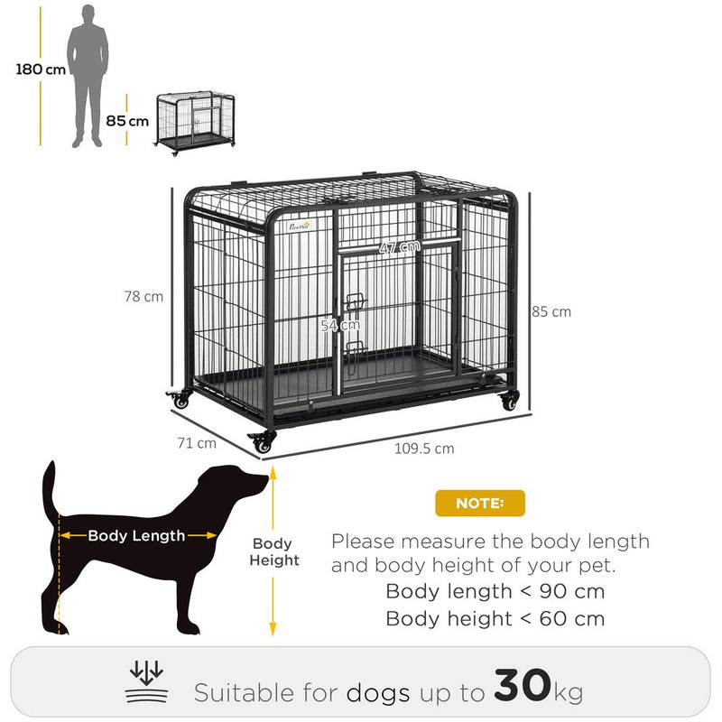 PawHut Metal Dog Cage Kennel Locking Door & Wheels Removable Tray Openable Top For Large Pets 109.5 x 71 x 78 cm