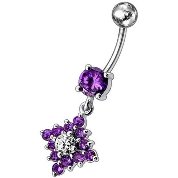 Flower Belly Navel Ring Fancy CZ Gemmed Dangle Button