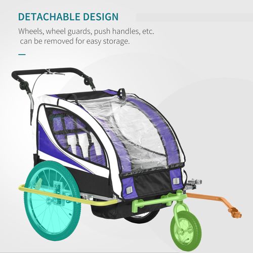 HOMCOM Child Bike Trailer, Baby Bicycle Trailer for 2 Kids with 5 Point Harness, Steel Frame, Reflectors, Safety Flag, Hitch Coupler, Purple