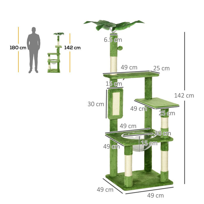 PawHut 142cm Cat Tree Tower Scratching Post Hammock Ball Green