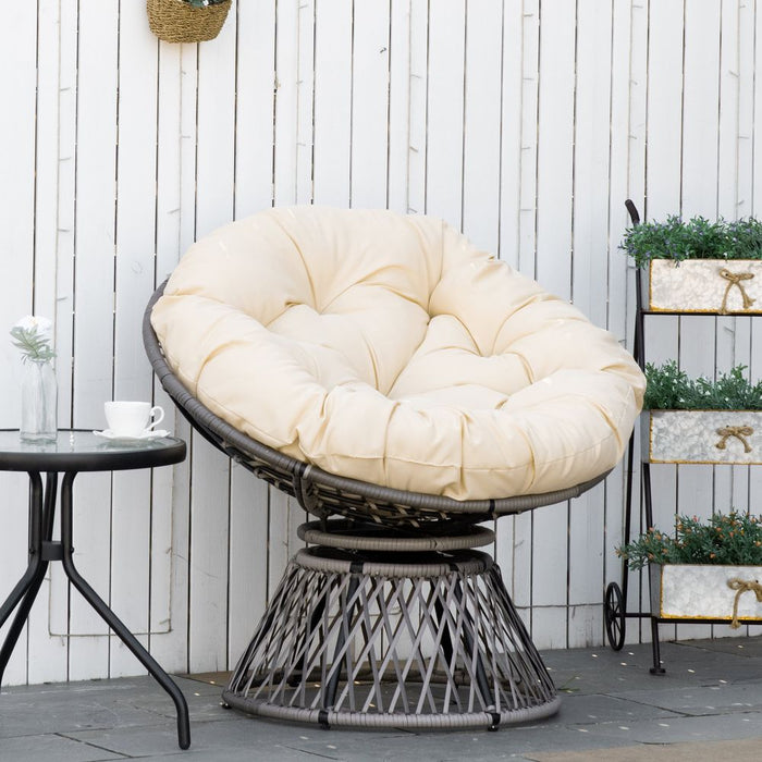 360 Swivel Rattan Papasan Chair: Outdoor Comfort with Padded Cushions Beige