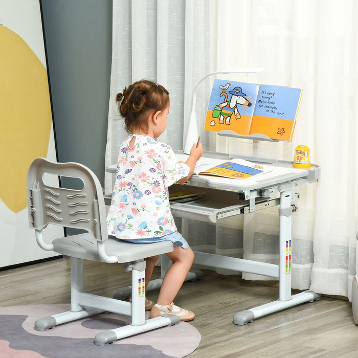 Premium Kids Study Desk Set - Adjustable Height, USB Lamp, Grey