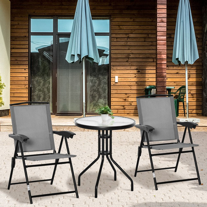 Outsunny 3 Piece Outdoor Bistro Set, Patio Conversation Furniture Set with 2 Folding Backrest Adjustable Armchairs and Glass Top Coffee Table, Grey