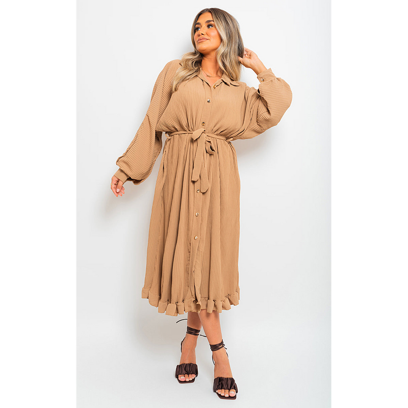 Freya Pleated Frill Button Tie Waist Midi Dress