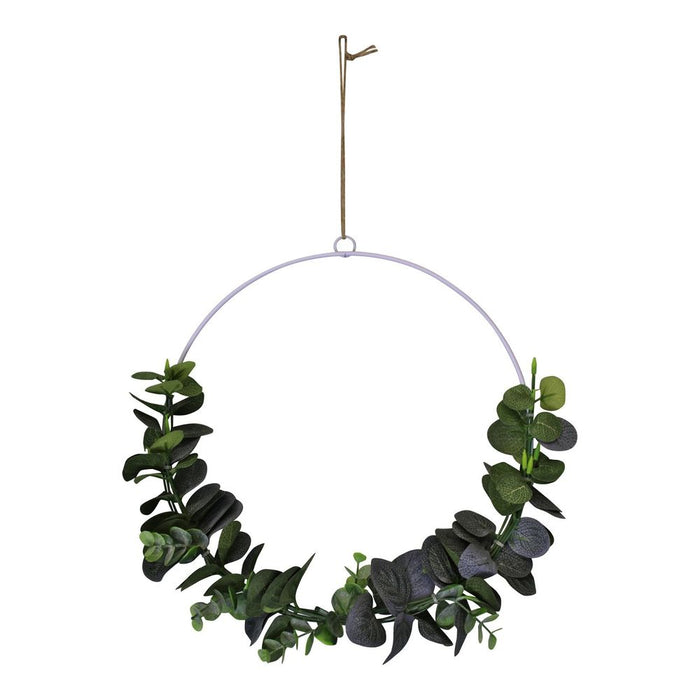 Premium White Metal Wall Hanging with Artificial Eucalyptus Leaves - Perfect Décor Piece!