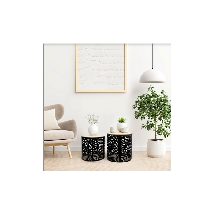 Premium Leaf Cut Basket Table Set - SLENDER - 2-Pack | Professional Quality | Iron + MDF | Classic Black