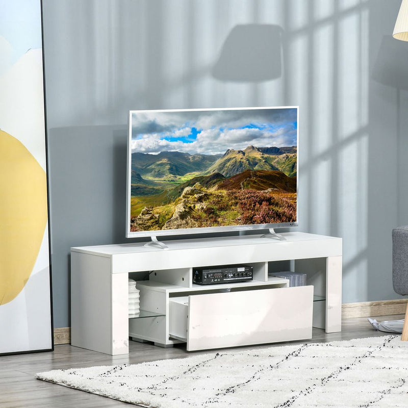 HOMCOM High Gloss TV Stand Cabinet with LED RGB Lights and Remote Control for 43"/50"/55" TV, Media TV Console Table with Storage Compartment, White