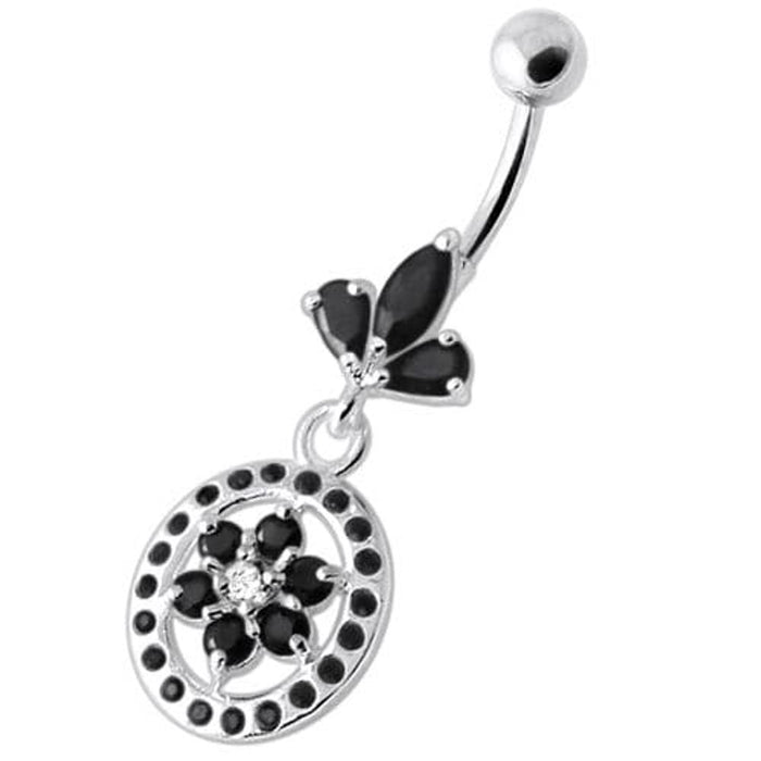 Flower in multi Jeweled Round Frame Navel Bar