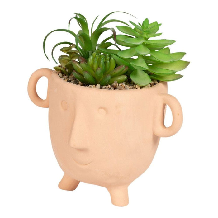 Handmade Face Terracotta Pot - Large, Faux Cacti, Succulent, Gravel Bedding - D19 x H27 x W22cm