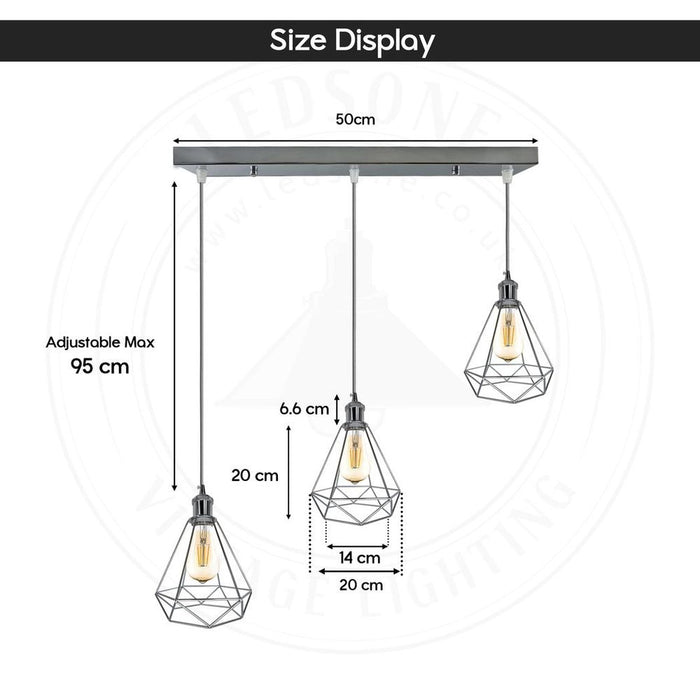 3 Head Rectangle Base Chrome Vintage Industrial E27 Ceiling Hanging Light Cage Shade