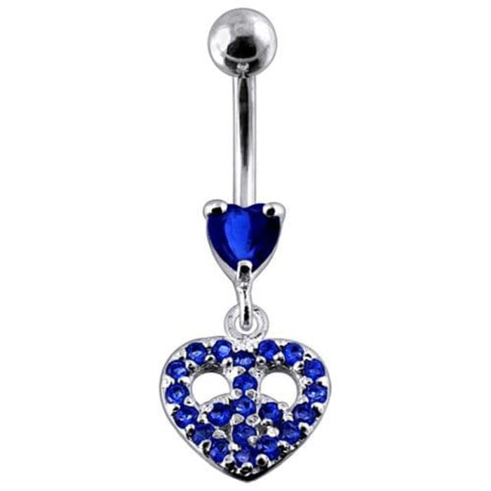 Jeweled Fancy Heart Shape Silver Dangling SS Bar Curved Belly Ring