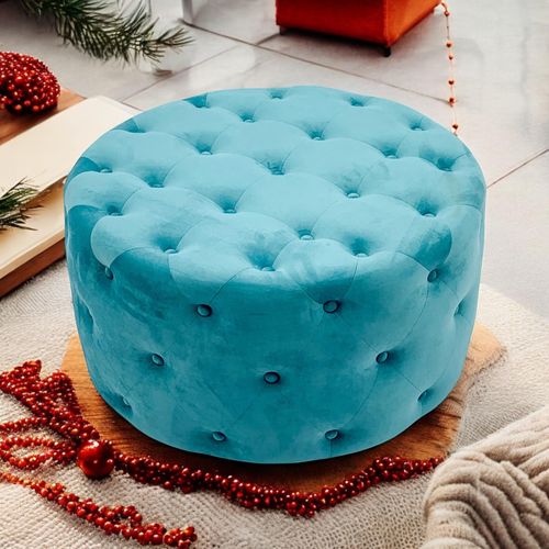 80X80CM BLUE BUTTONED ROUND FOOTSTOOL
