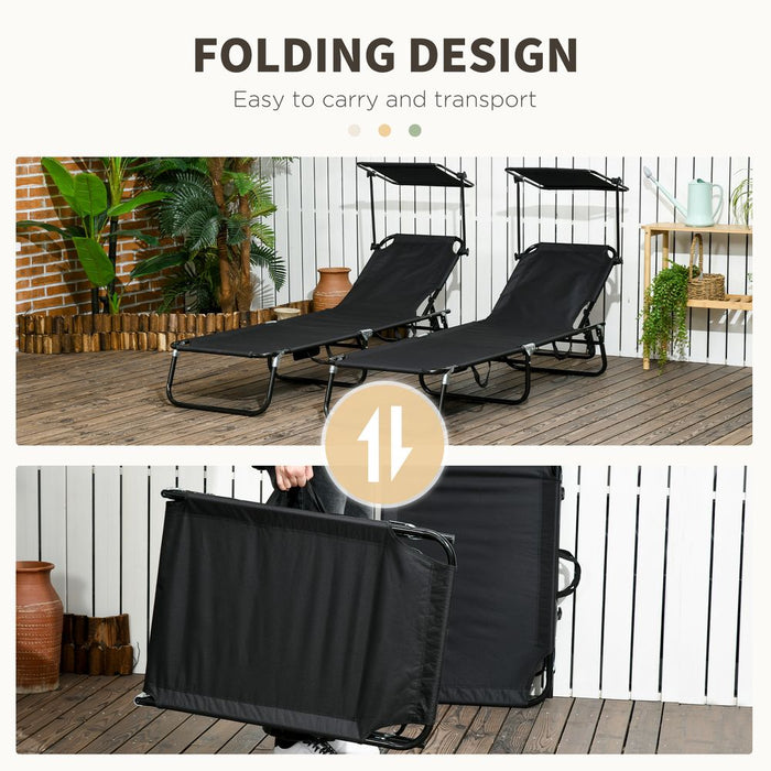 Outsunny Folding Sun Loungers - 2 Pack, Adjustable Backrest, Sunshade, Black