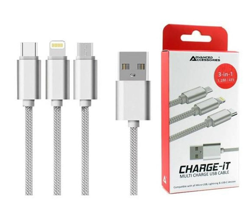 Advanced 3-in-1 USB Cable 1.2M – Lightning/USB-C/Micro – Silver