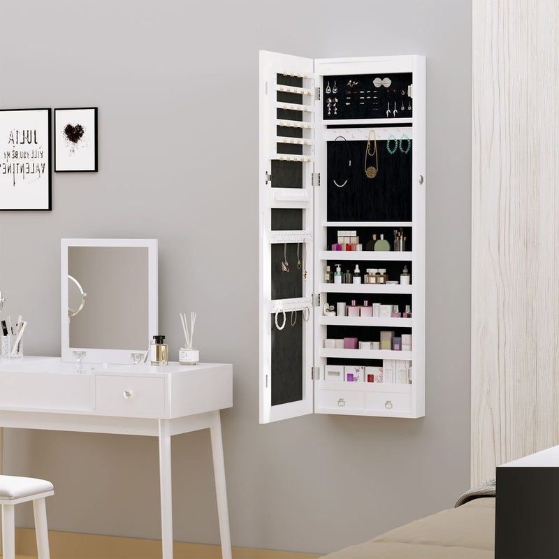 Lockable Hanging Mirrored Jewel Cabinet w/ LED, White - Spacious & Organized