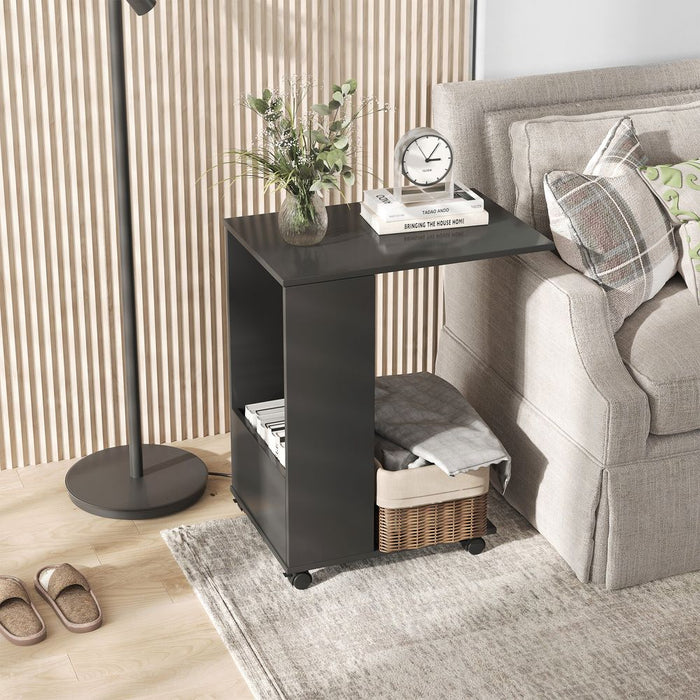 Mobile Sofa Side Table for Laptop Coffee w/ Storage and Casters, Black