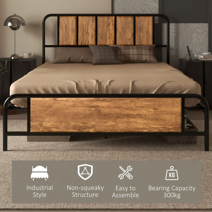 Premium Steel Double Bed Frame with Headboard - High-Quality, Sturdy Design - Brown - 145 x 199cm