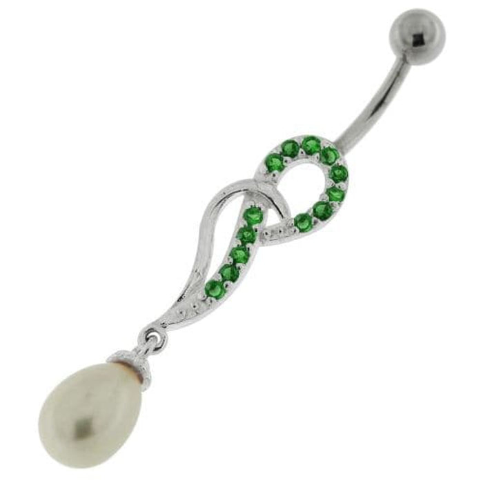 Jeweled Fancy Pearl Silver Dangling Curved Bar Belly Ring