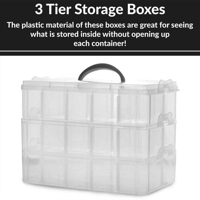 3 Tier Storage Boxes | Pukkr - Clear Durable Plastic, Adjustable Compartments - Perfect for Crafts, DIY, Makeup