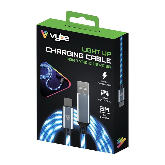 Vybe Gaming Light Up Charging Cable - 3M - Type-C - Blue - Compatible with Xbox, PlayStation, and More