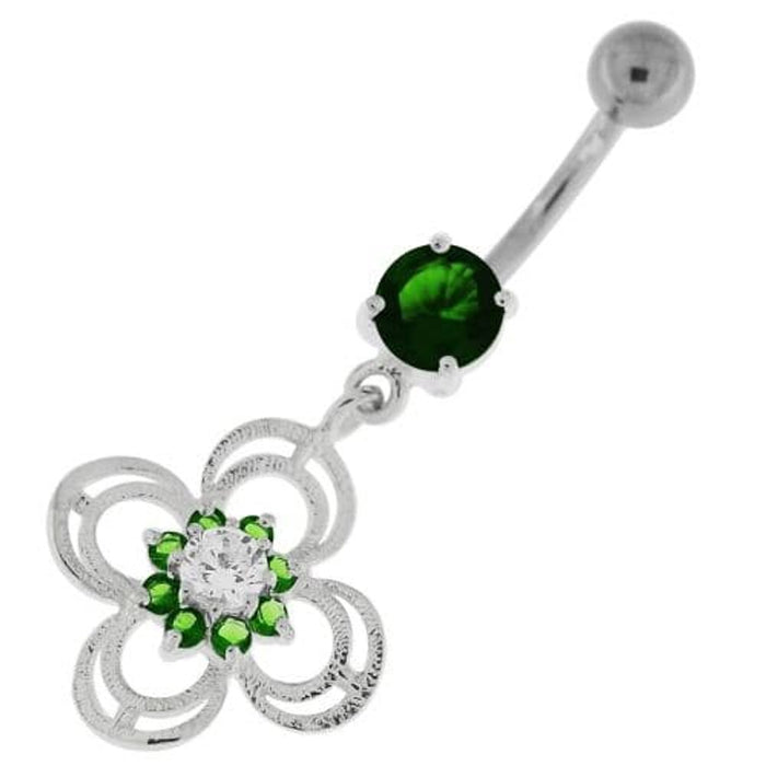 Flower With Bow Jeweled Silver Belly Button Ring