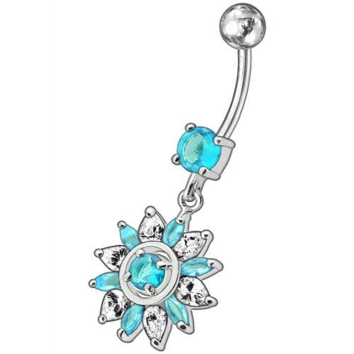 Fancy  White Royal Flower Jeweled Dangling SS Bar Belly Ring