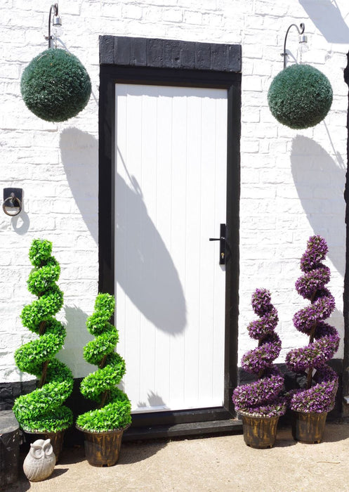 Stunning 120cm Pair of Purple Large Leaf Spiral Topiary Trees with Decorative Planters