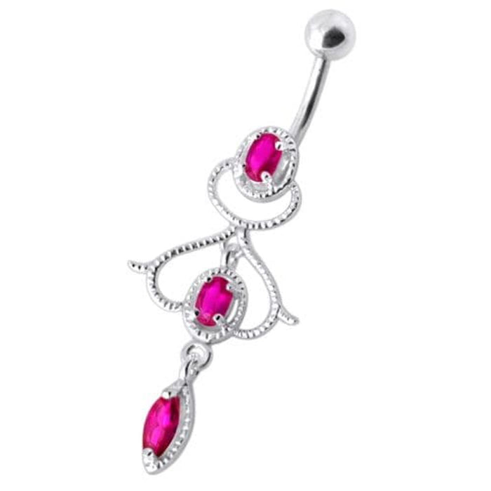 Fancy Jeweled Silver Dangling With Banana Bar Navel Ring