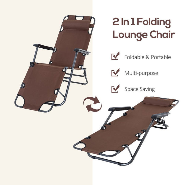 Premium 2 in 1 Folding Sun Lounger - Adjustable Back & Pillow | Brown