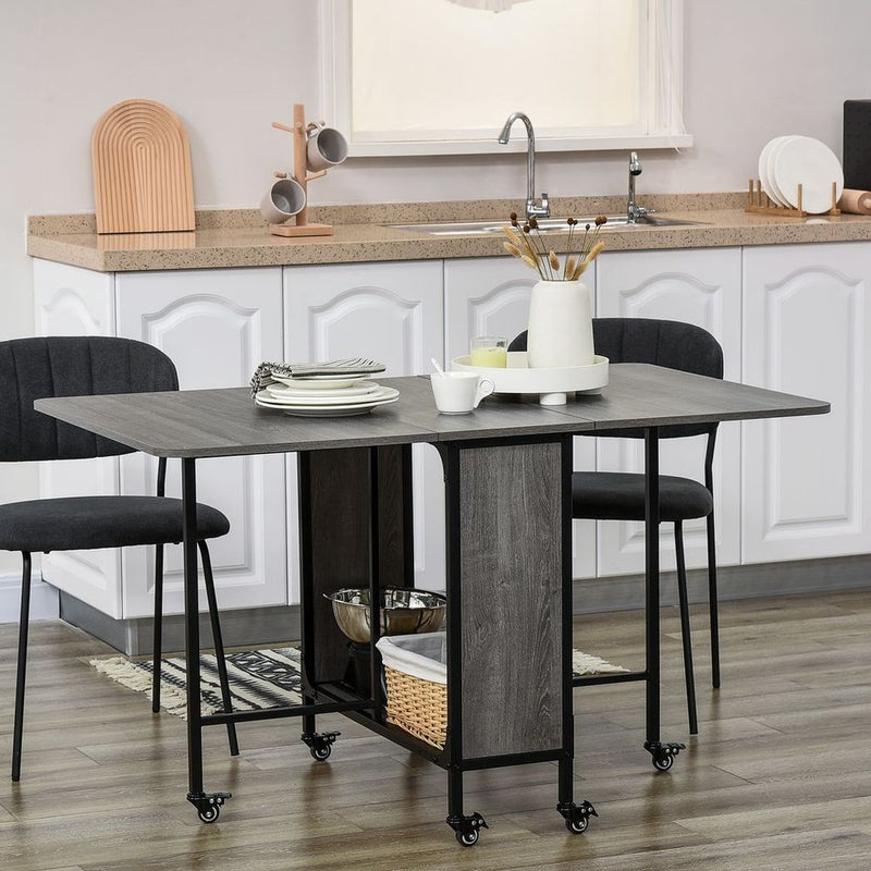 HOMCOM Mobile Drop Leaf Table Folding Kitchen Table Extendable Dining Table For Small Spaces With 6 Wheels & Storage Shelf Grey