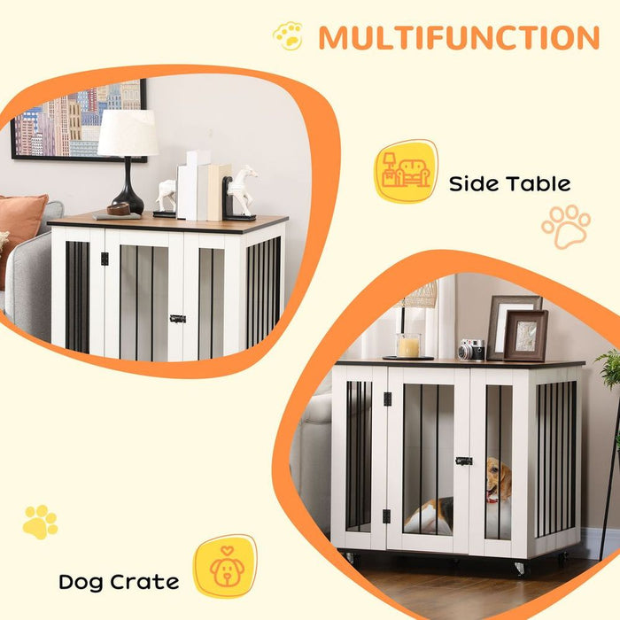 Stylish White Dog Crate Furniture w/ Wheel - 80 x 60 x 76.5cm - Perfect for Medium Dogs - Multipurpose Side Table & Safe Haven