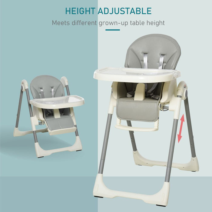 HOMCOM Foldable Baby High Chair Convertible Feeding Chair Height Adjustable with Adjustable Backrest Footrest and Removable Tray 5 Point Safety Harness for Kids 6-36 Months Grey