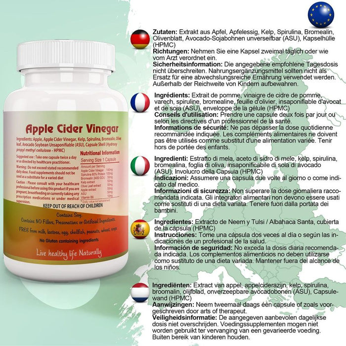 Premium Apple Cider Vinegar Capsule: Kelp, Spirulina, Bromelain, Olive Leaf - Boost Health, Digestion, Detox & Immune Support!