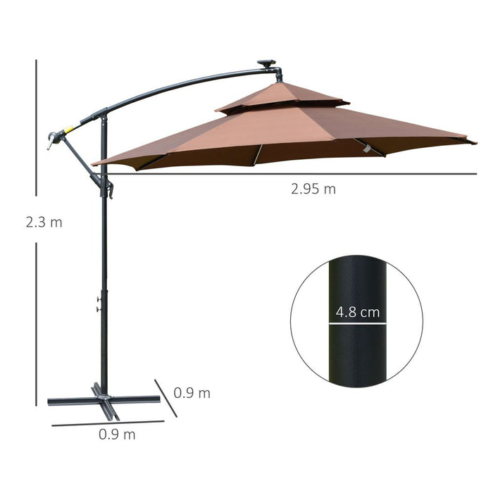 3m Cantilever Banana Parasol Double Roof, LED Solar lights, Crank