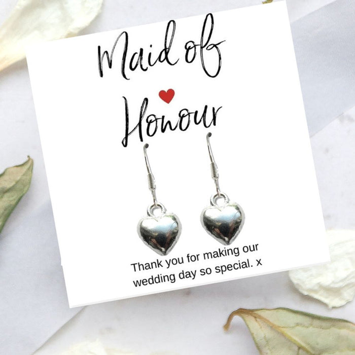 Heart Earrings & Thank You Card Set - Perfect Gift for Maid of Honour