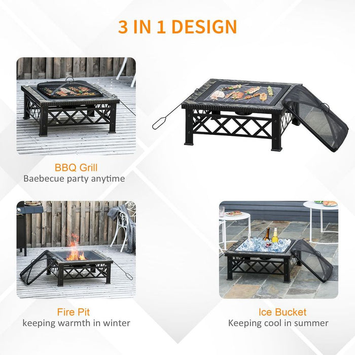 Premium 76cm Square Fire Pit Table - Poker, Mesh Cover, Log Grate