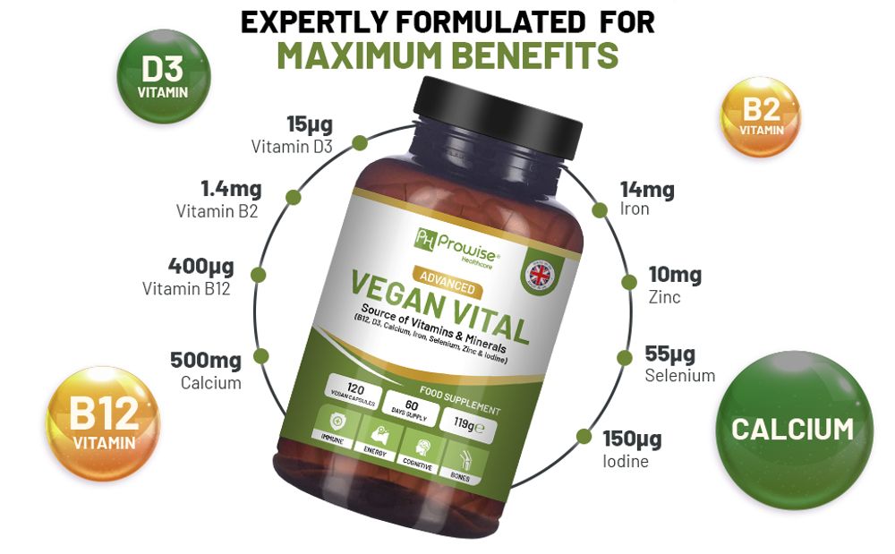 Vegan Vital Multivitamins and Minerals | 120 Vegan Multivitamin Capsule | Calcium, Vitamin B12, Vitamin B2, Vitamin D3, Selenium, Iodine, Zinc & Iron | by Prowise Healthcare