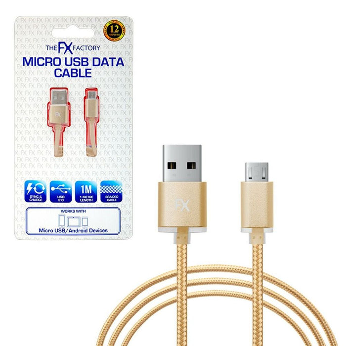 Fx Braided Micro USB Data Cable, Gold, Rose Gold, Space Grey, Silver[Gold]"
Description: "Sync & charge at faster speed, withstands repeated unplugging, compatible with various devices. 1m length. Includes 1 cable.