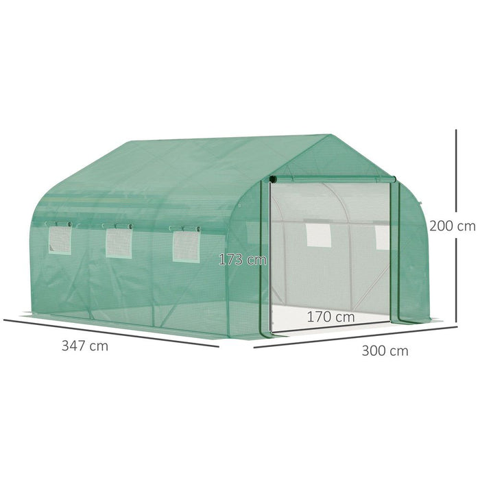 Outdoor Walk-in Garden Greenhouse - Zippered Roll Up Door, 6 Windows - 3.5x3x2m - Green