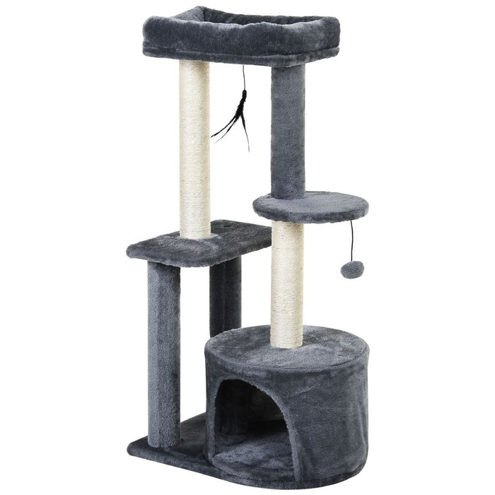 PawHut 100cm Cat Tree for Indoor Cats, Cat Tower Condo for Kittens with Cat House Sisal Scratching Posts, Hanging Ball Toys, Perches - Grey