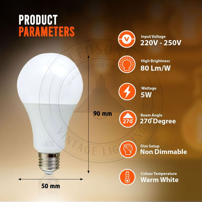 E27 5W Energy Saving Warm White LED Light Bulbs A60 E27 Screw-in non dimmable bulbs