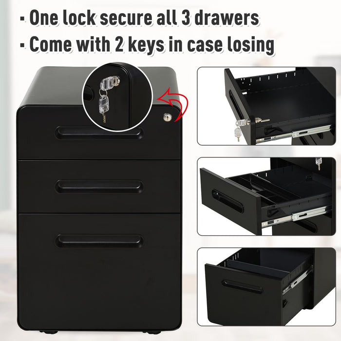 Vinsetto Modern Steel Filing Cabinet - 3 Draw, Lock & Wheels - Black - High-Quality