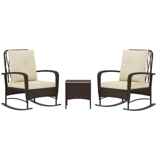 Outsunny Rattan Bistro Set Balcony Furniture with Rocking Chairs, Brown